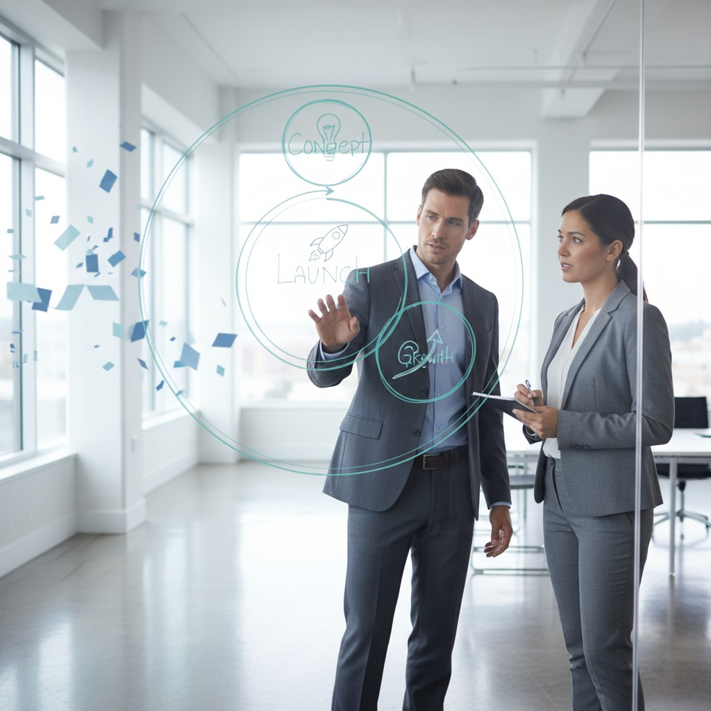 A man and a woman in business attire stand in a bright office discussing a business strategy diagram drawn on a glass wall.