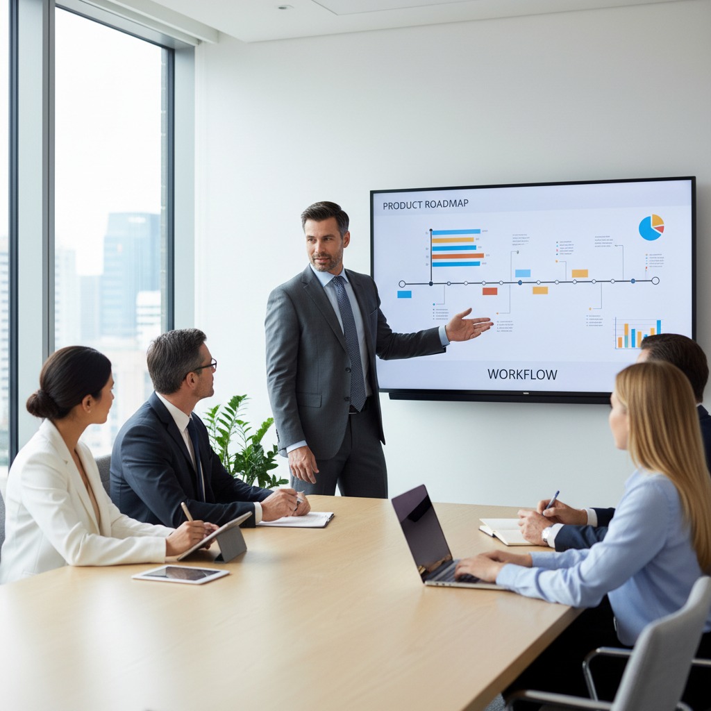 A businessman in a suit presents a product roadmap on a large screen to a team of colleagues seated around a conference table.