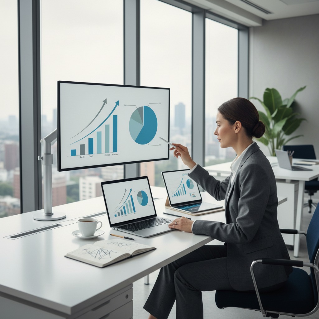 A professional woman in a suit sits at a desk in a high-rise office, pointing at a large monitor displaying business charts and data.
