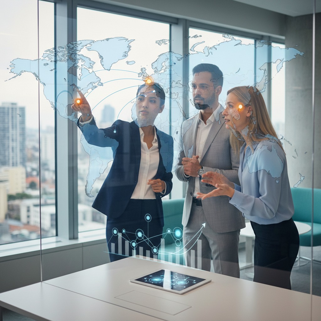 Three business professionals stand in a modern office, interacting with a digital world map and data charts projected onto a glass partition.