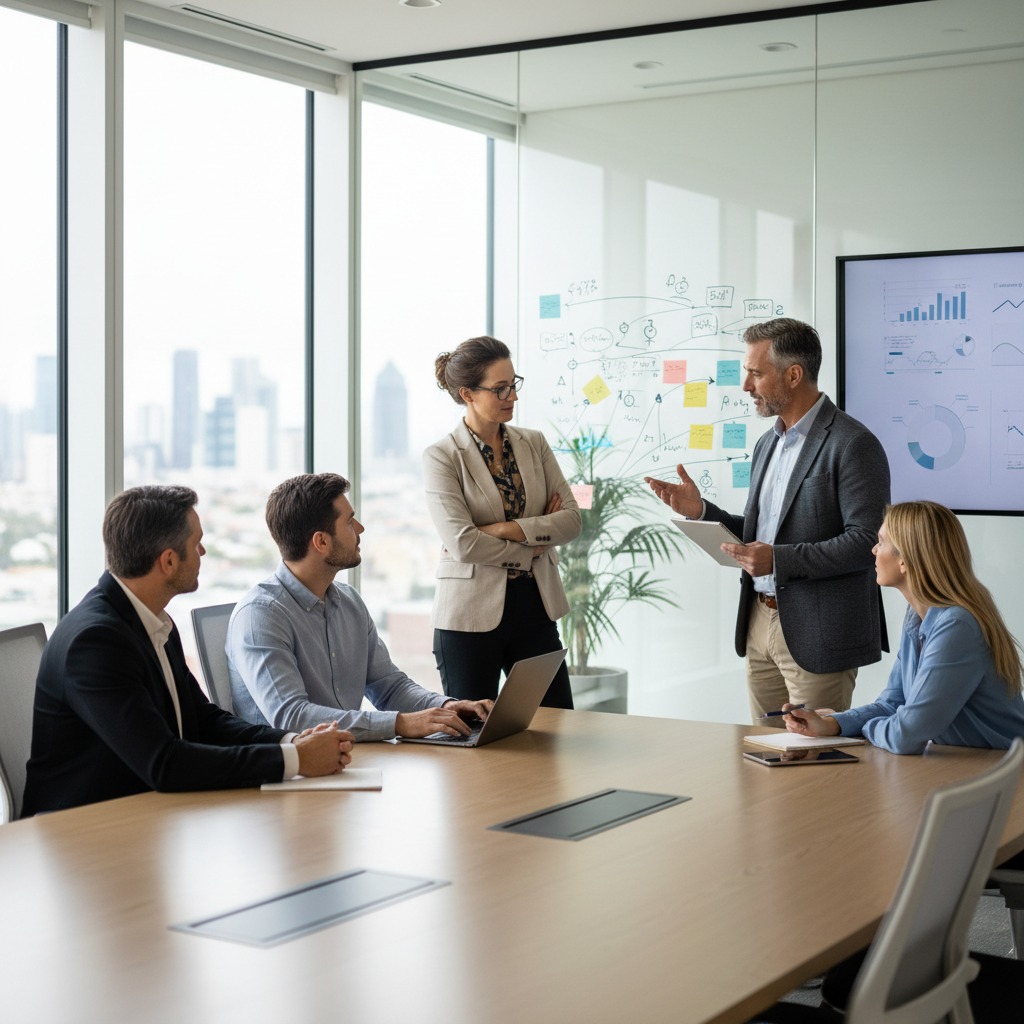 A group of professionals in business attire collaborate during a meeting in a modern office with city views.